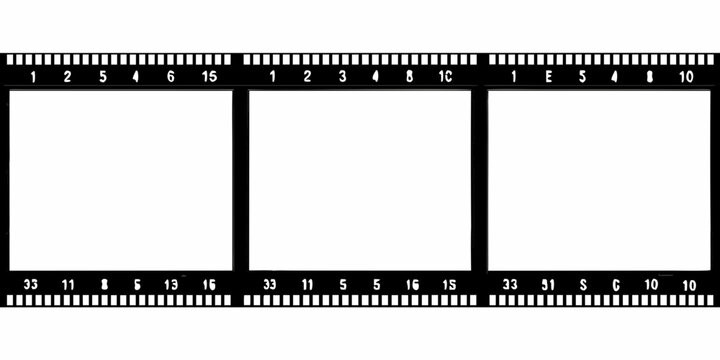 A black and white filmstrip with frame numbers and sprocket holes