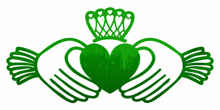 A green claddagh symbol featuring hands embracing a heart with a crown