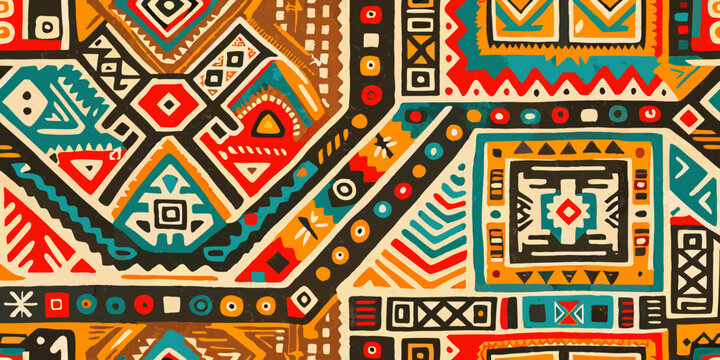 A vibrant colorful geometric pattern inspired by traditional tribal art
