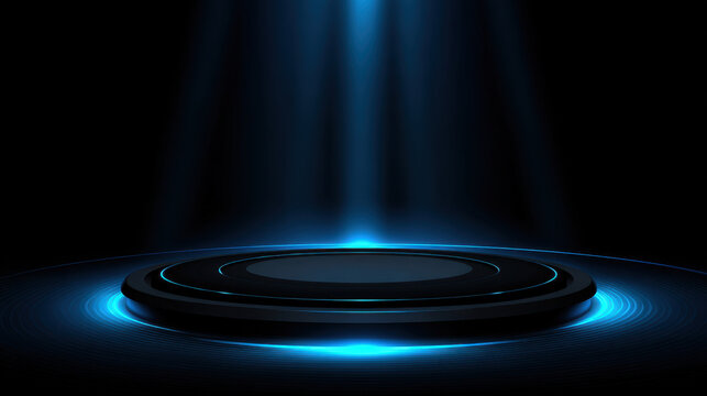 Abstract black technology background with glowing blue spotlight and circular platform emitting light, futuristic stage with neon halo and radial light beams creating dramatic high tech atmosphere