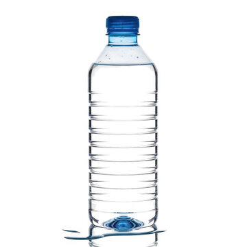 A clear plastic water bottle with a blue cap on a white background.