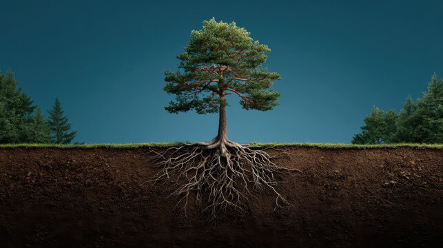 Majestic pine tree root system exposed with soil cross section showing deep roots and canopy against blue sky