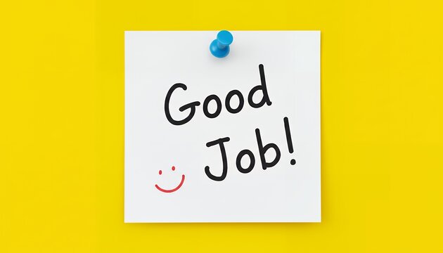White paper pinned with a blue thumbtack displays handwritten text Good Job and a smiling face congratulation recognition praise appreciation success achievement positive