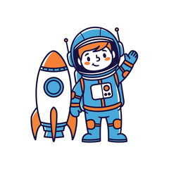 Obraz premium A friendly cartoon astronaut waving next to a rocket, depicted in blue and orange colors.