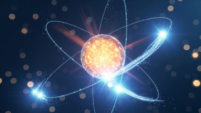 Abstract atomic model with glowing orange nucleus and blue orbital paths on dark background with bokeh light, concept for scientific research, nuclear energy physics and advanced technology education
