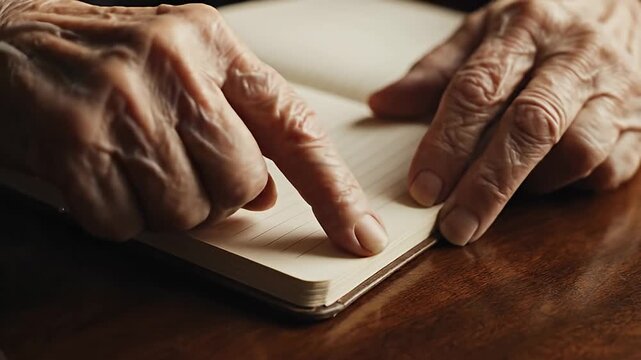 Elderly hand turning page of blank journal on wooden table
