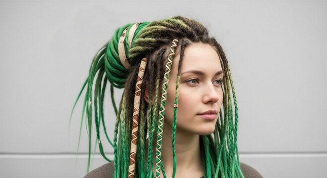 Young woman with green dreadlocks posing against gray background  
