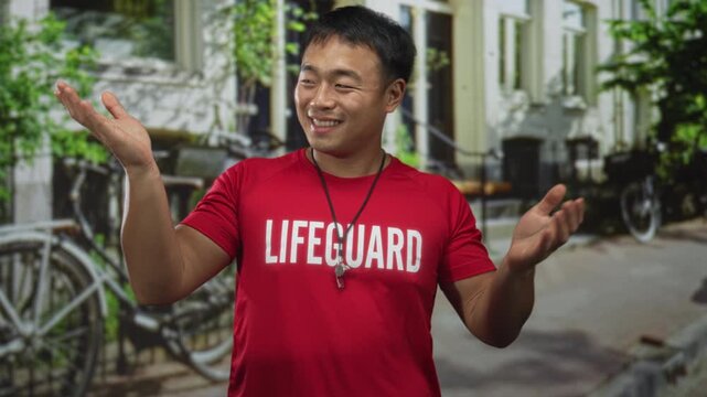 Man in red lifeguard shirt holding whistle with open arms gesture on a bicycle lined street; openness.
