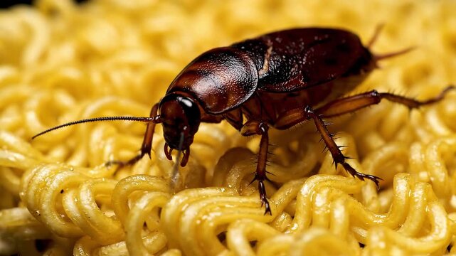 Close up macro shot of a cockroach crawling on a pile of instant ramen noodles, depicting an unsanitary food preparation or storage environment