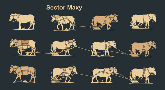 Cows pulling plow in various positions.
