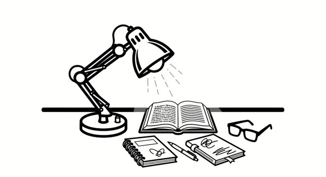 Desk lamp with books and glasses.