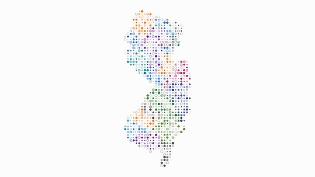 New Jersey animation. Shape of the state with pulsating colored dots. Small size circle blocks. Digital style map on white background. Amazing video.