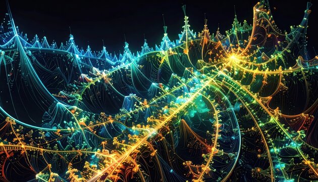 Futuristic Fractal Light Patterns Background with Complex Glowing Neon Lines and Cyber Matrix