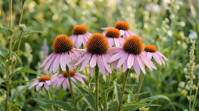 Closeup of Echinacea Flowers in Garden with Soft Focus and Sunlight Blooming Purple Coneflowers with Orange Centers in Natural Greenery Background