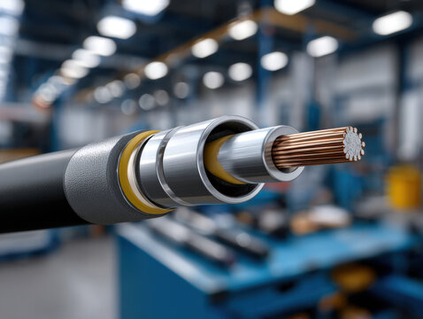 Industrial electrical cable cross section with exposed copper conductor and layered insulation in factory setting showing repair detail and technical texture conveying precision and durability