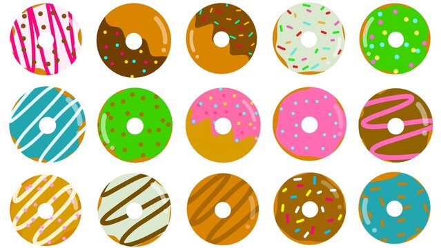 Donut hand drawn illustration set. Donut menu collection with various topping. Sweet donus dessert collection. Set of donut with various icing. Donut doodle. Cartoon donut drawing set illustration