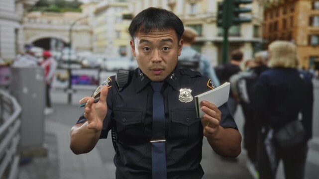 Man officer holding notebook with raised hand and shocked expression in crowded street; surprise urgency.