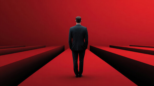 Man in suit standing alone on dramatic red platform with deep black gaps, corporate management finance difficulty and emotional tension conveyed