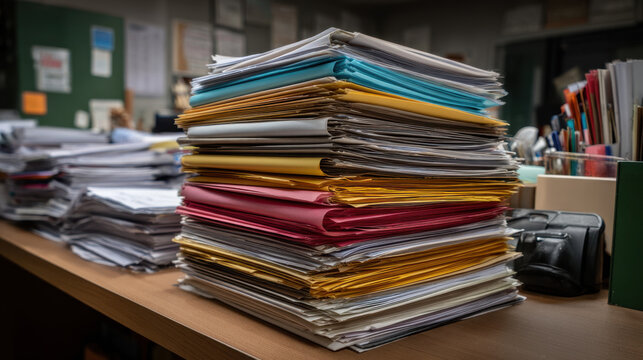 Stack of file folder and paper documents on cluttered office desk conveying busy workload and organization challenge with colorful folders and scattered paperwork