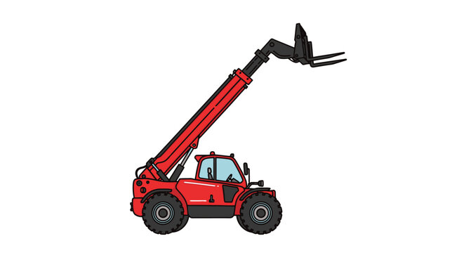 Red telehandler with extended boom arm.