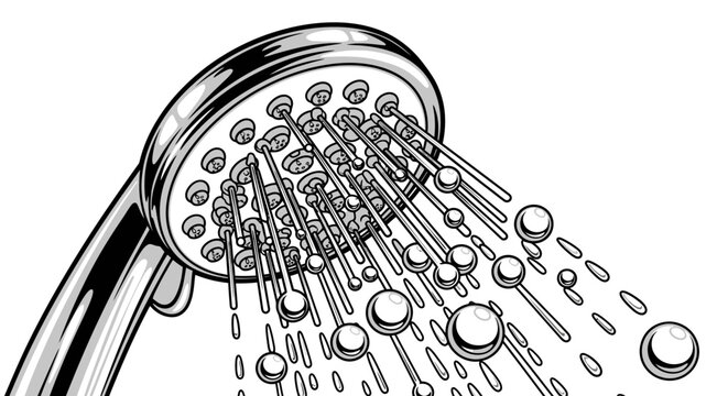 Shower head with water droplets falling.