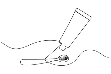 Obraz premium Toothpaste being squeezed onto a toothbrush in continuous one line drawing style on white