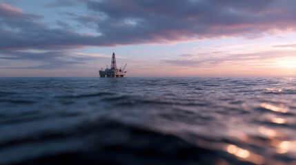 Obraz premium Offshore oil rig at sunset with calm sea and dramatic clouds, distant drilling platform on horizon with soft pink and blue light