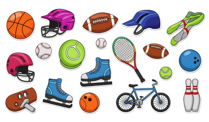 Colorful cartoon sports stickers collection with balls equipment and fitness elements for kids planner and scrapbook design © MstRuna