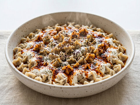 Turkish Manti Tiny Dumplings with Spiced Beef Garlic Yogurt Sauce Red Paprika Butter Mint and Sumac in White Bowl White Background