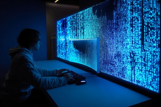 Dark room with glowing monitors, Cybersecurity specialist concentrating amid subtle ambient illumination, Focused coder working late into night surrounded by softly glowing screens and dim lighting