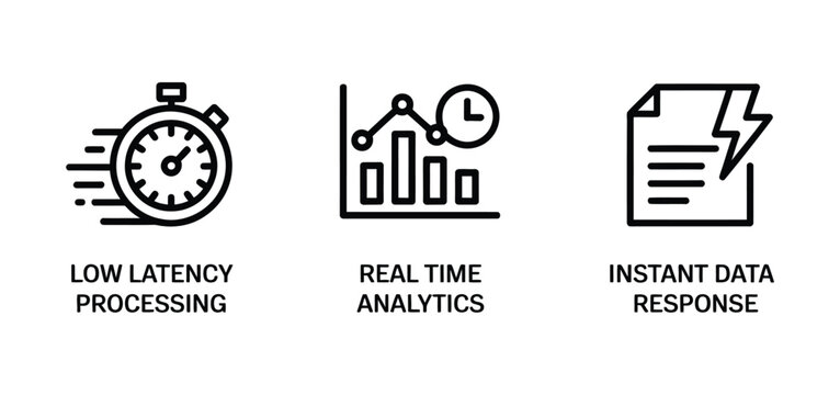 High performance computing icon vector set, low latency processing, real time analytics, and instant data response symbols for cloud computing, servers, and big data technology design