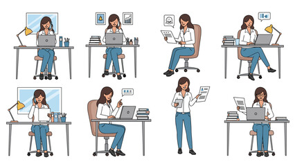 Fototapeta premium Working woman set showing female professional at desk typing on laptop, answering phone, and reading documents.