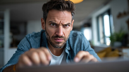 Obraz premium Focused entrepreneur typing on laptop with intense concentration and slight frustration as he works from home in modern living room