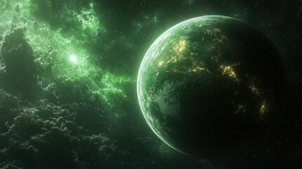 Fototapeta premium Cosmic view A green planet illuminated by a distant star, set amidst swirling nebulae