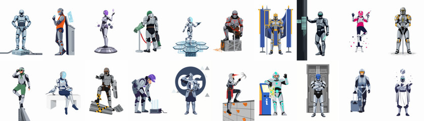 Set of twenty diverse sci-fi warrior and robotic character illustrations in various action and professional poses, featuring futuristic armor and technology. © Juan