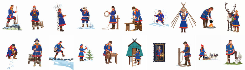 Vector illustrations of Sami people in traditional costumes engaged in various indigenous activities, reindeer herding, and daily life in the Lapland region. © Juan