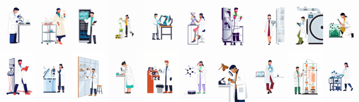 Comprehensive Collection of Laboratory Scientists and Researchers Conducting Various Scientific Experiments, Data Analysis, and Technical Research in a Modern Professional Setting