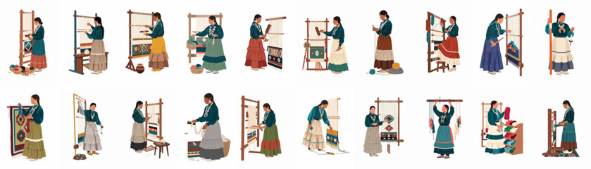Illustration set of Indigenous women weavers creating handcrafted rugs on upright looms, showcasing traditional textile art, weaving tools, and cultural heritage. © Juan
