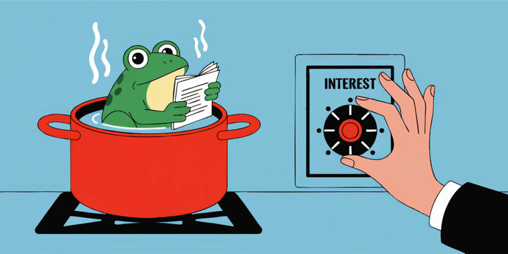Boiling frog metaphor illustration with frog in hot pot reading paper and human hand turning rising interest rate dial on blue background