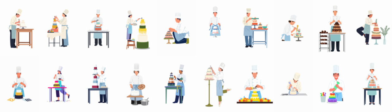 Collection of professional pastry chefs and bakers decorating various large, elaborate, and colorful multi-tiered cakes, isolated on a white background.