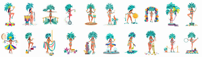 Set of diverse Brazilian carnival dancers in traditional teal costumes, featuring samba performers with festive props and headdresses in a clean vector style. © Juan