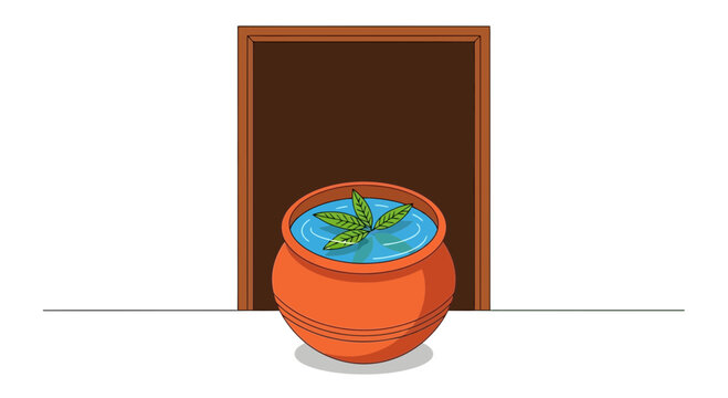 A serene cartoon-style terracotta fishbowl with a green plant sitting on a white floor in front of a brown open doorway indoors