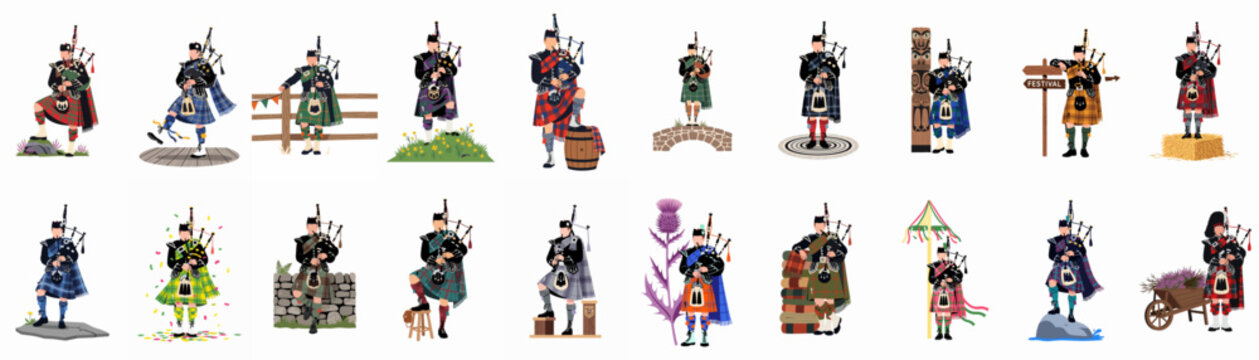 Collection of Various Scottish Bagpipers in Traditional Kilts and Attire Across Different Scenic Backdrops