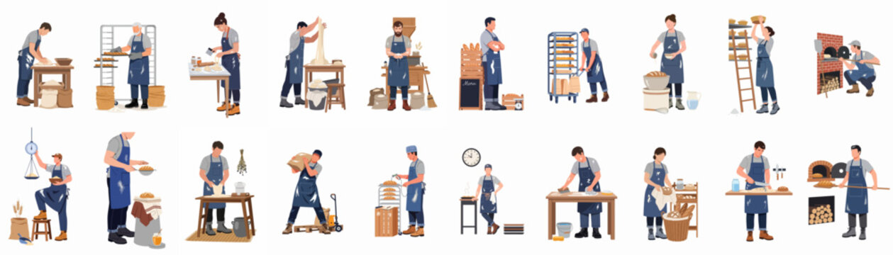 Collection of professional baker characters performing various bakery tasks from dough preparation to baking and selling bread in a flat illustration style.