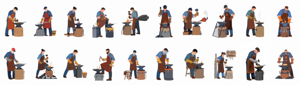 Collection of diverse blacksmith characters working at anvils with traditional tools in a flat illustration style, isolated on white background.