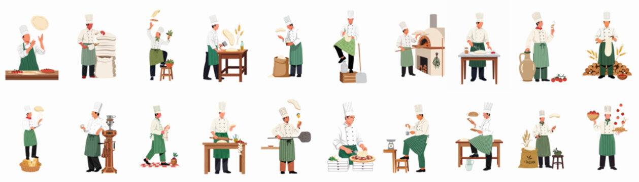Professional Italian chef illustrations showing various stages of pizza preparation, from kneading and tossing dough to baking in a wood-fired oven.