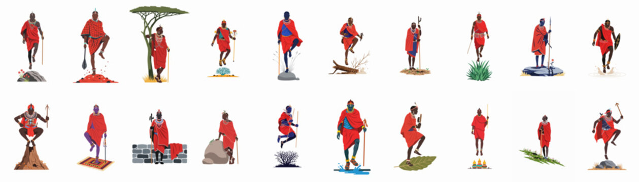 A collection of stylized illustrations featuring Maasai warriors in traditional red attire, performing cultural dances and activities against diverse African landscape elements.