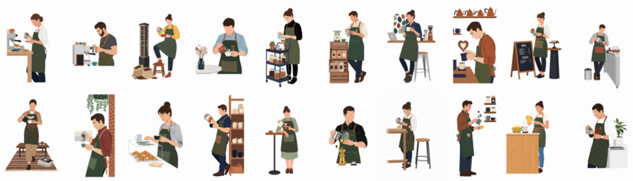 Professional barista flat vector illustration set featuring men and women making coffee, latte art, and working in a modern cafe environment.