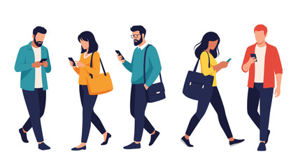 Obraz premium Group of diverse people walking while staring at their smartphone screens depicting the concept of mobile device addiction.