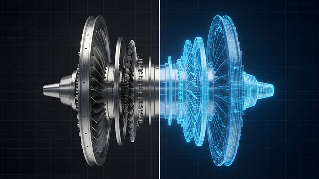 Futuristic jet engine digital twin, metallic turbine engine assembly with blue holographic wireframe, industrial engineering and smart manufacturing concept